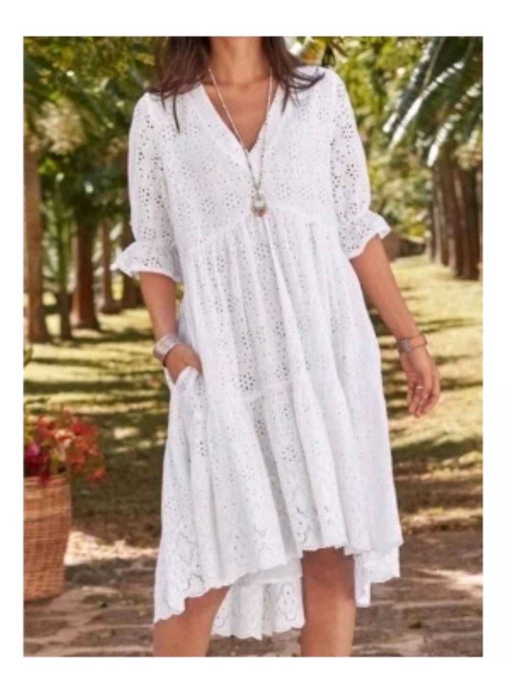 Sundance White Eyelet High-Low V-Neck Midi Dress